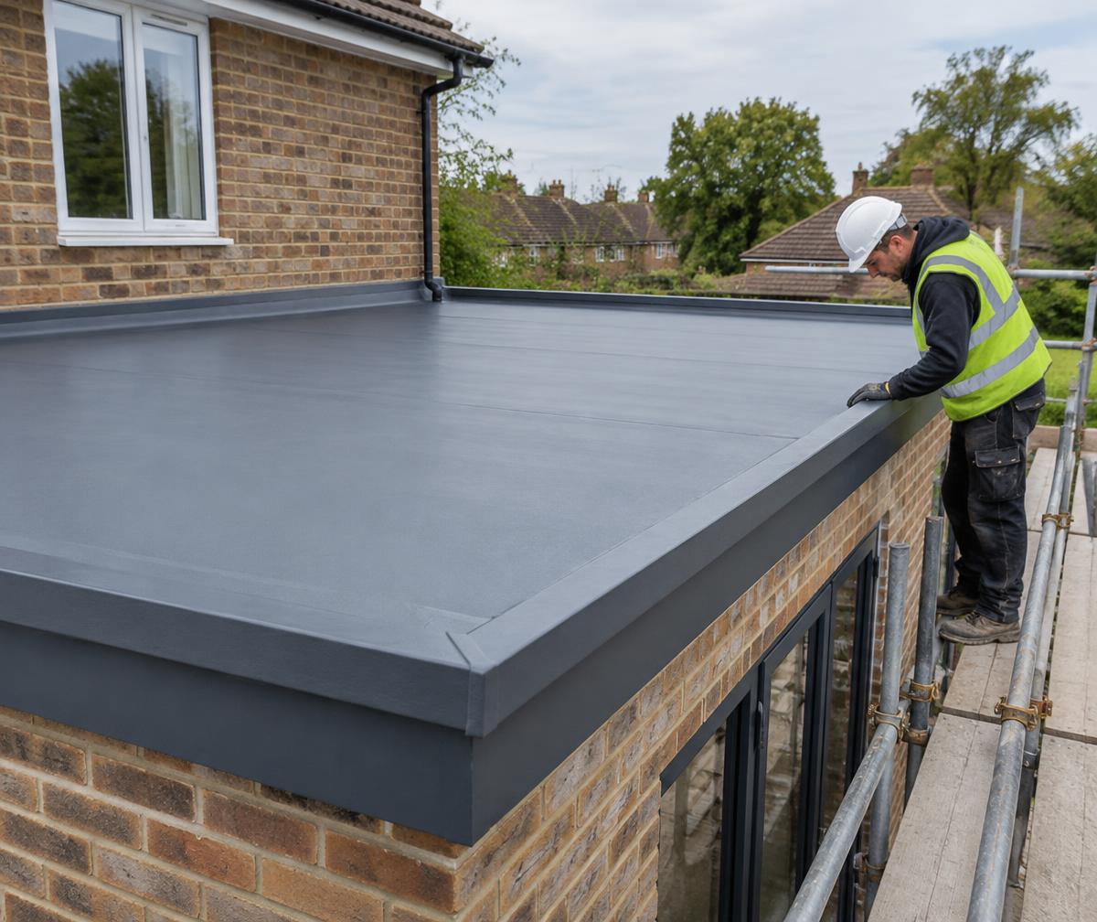 Professional roofer inspecting a finished flat roof on a house extension