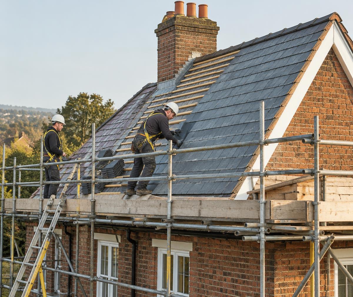 Roofers on scaffolding carrying out substantial slate roof refurbishment