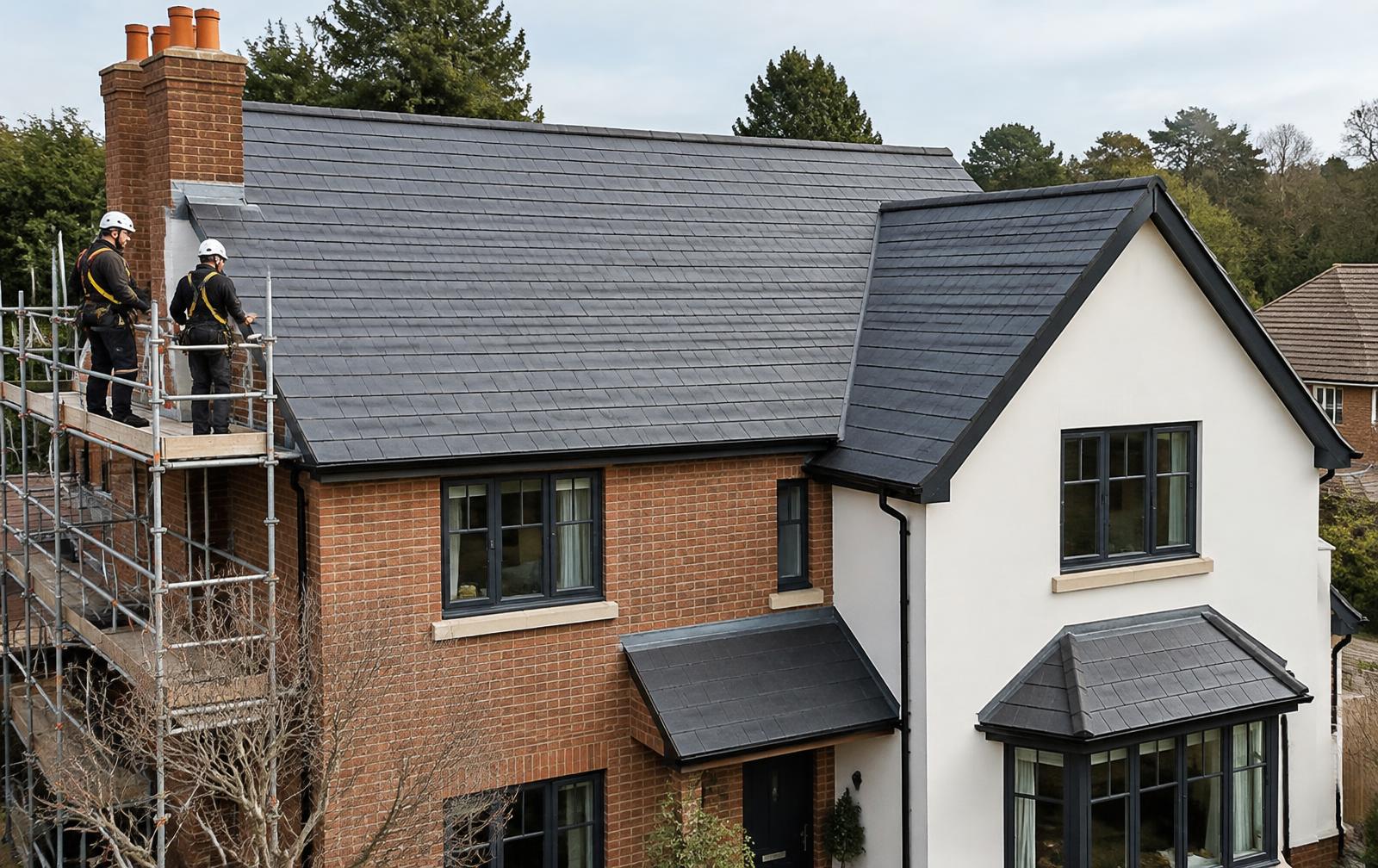 Completed slate roof replacement on a British home with a professional roofing team